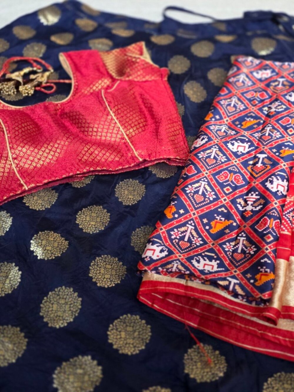 Navy Red Patola Chaniya Choli Set | Brocade Blouse Lehenga Garba Navratri